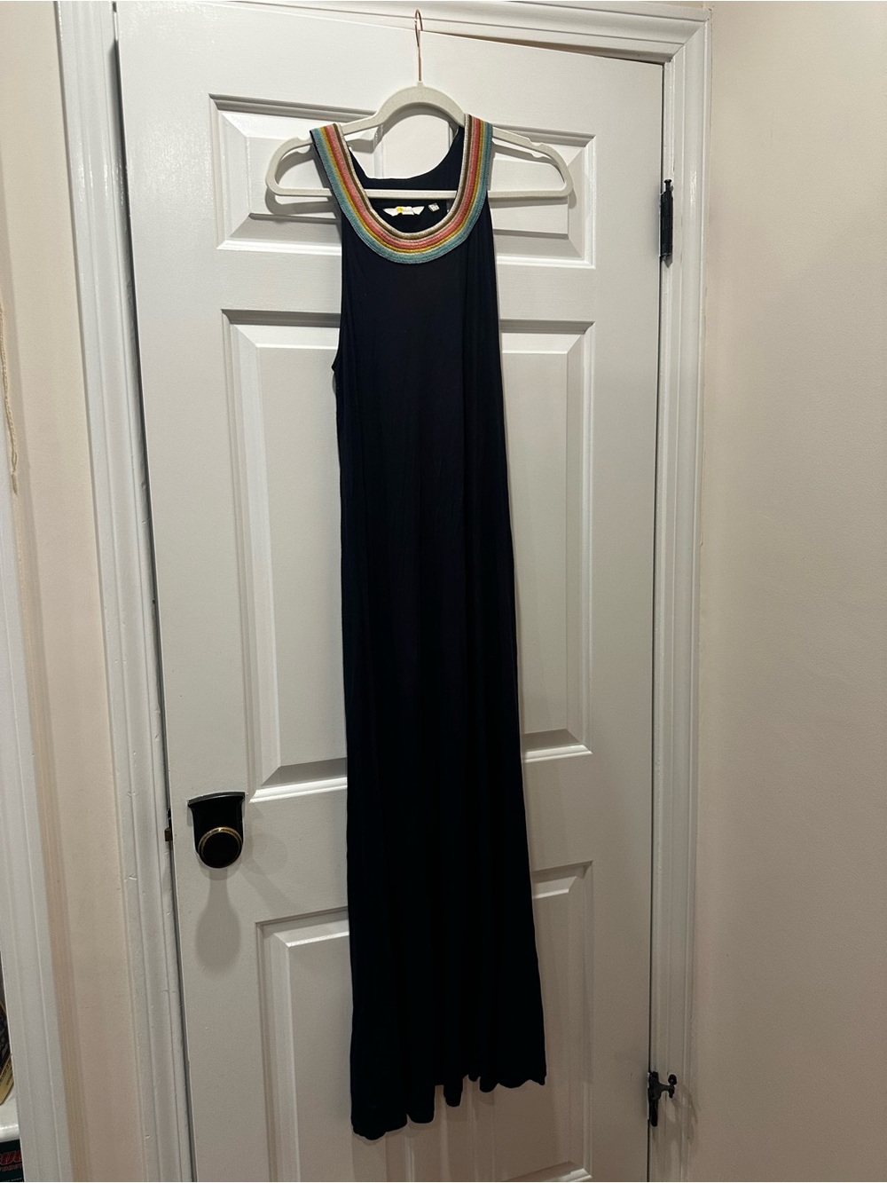 Boden Navy Blue Maxi Dress with Rainbow Trim Neckline - size 2